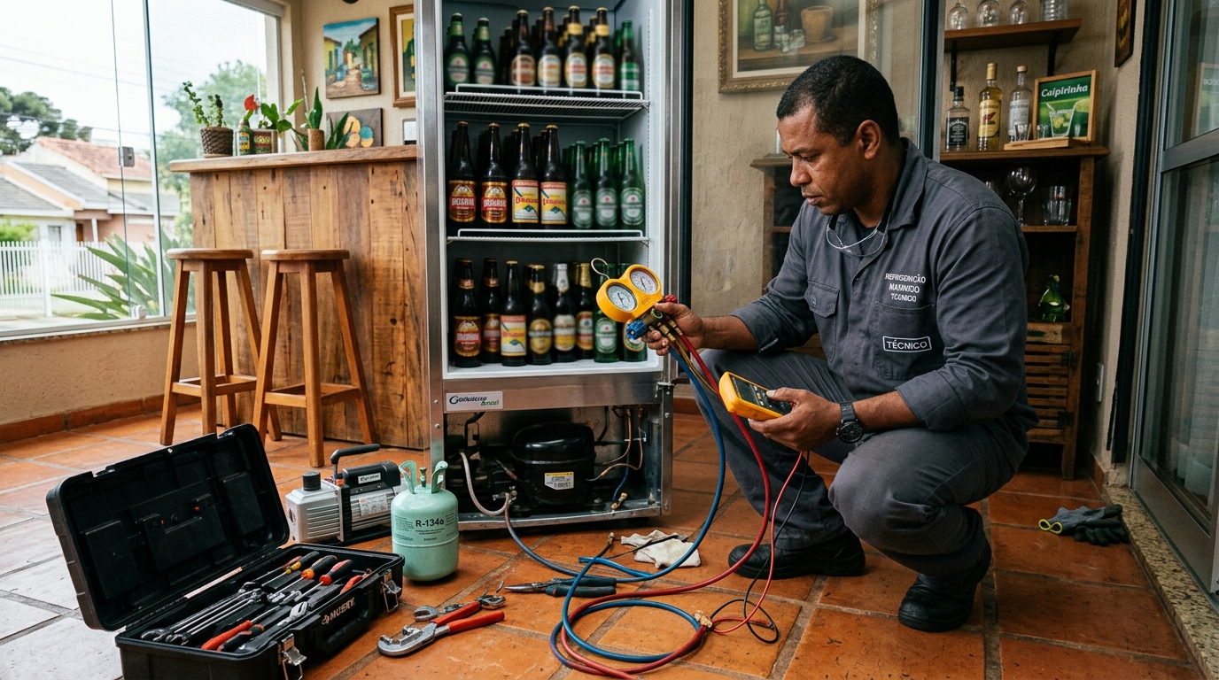 Técnico realizando manutenção de motor de cervejeira em Cascavel‑PR