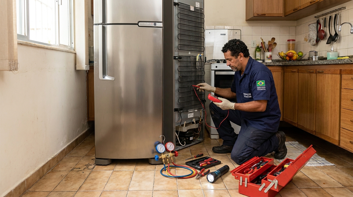 Técnico realizando manutenção de motor de geladeira em Cascavel‑PR