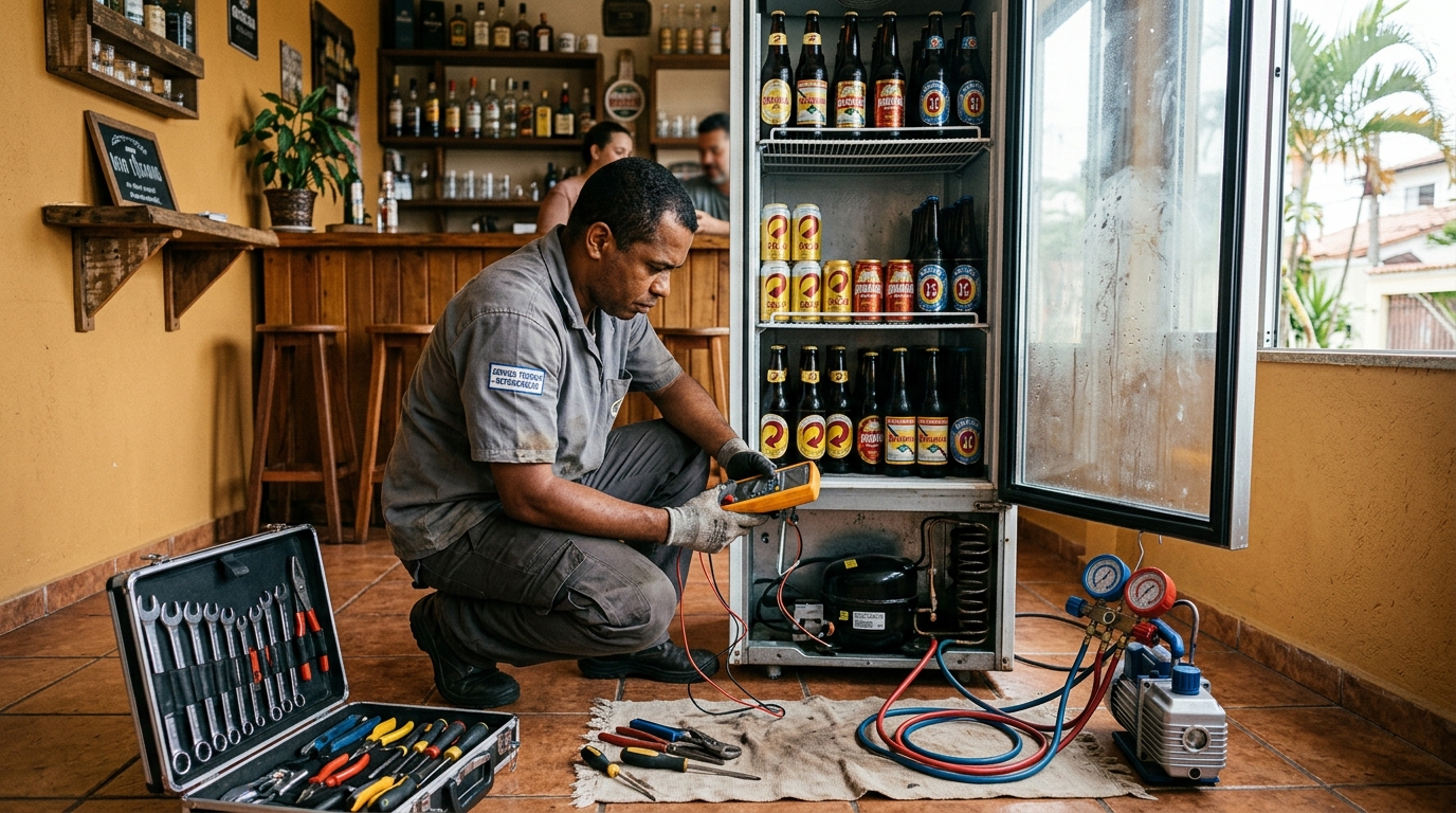 Troca de termostato de cervejeira em atendimento técnico em Cascavel‑PR