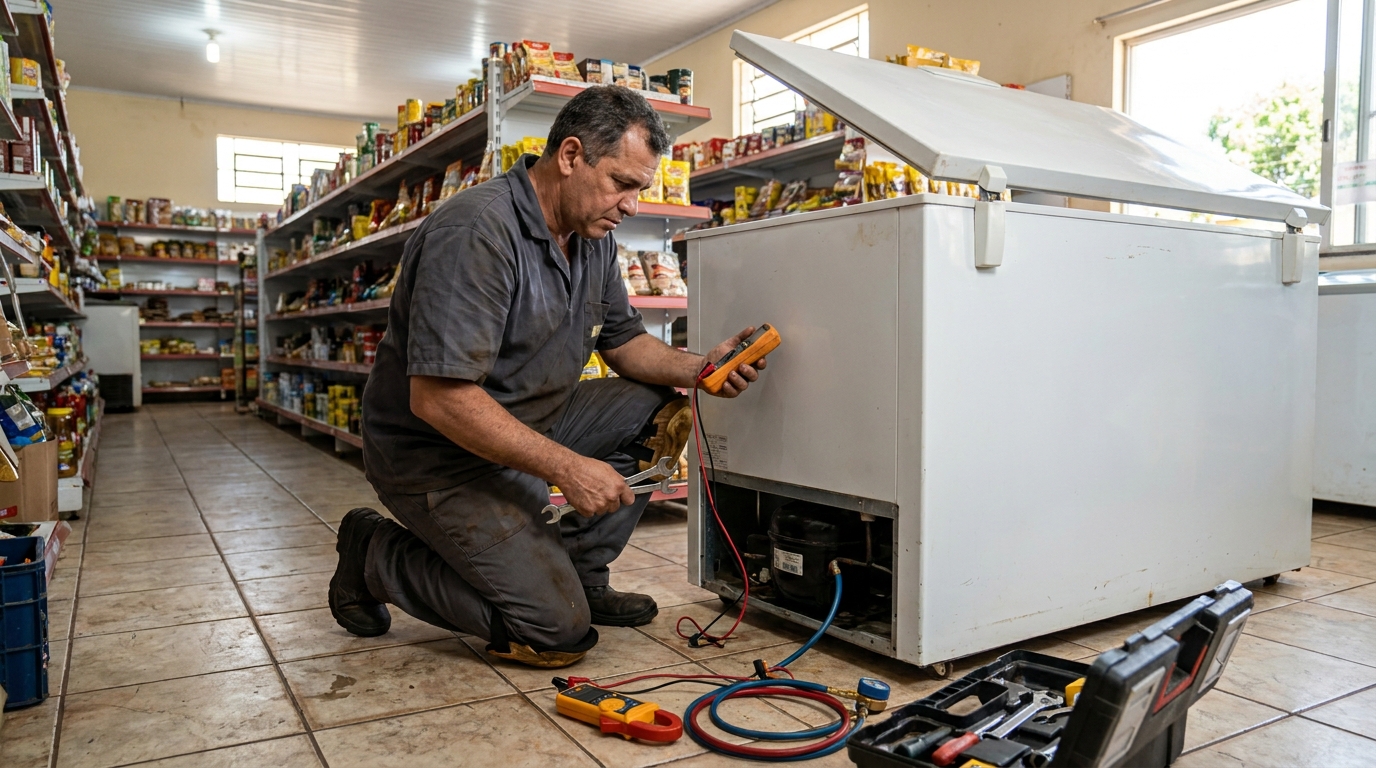 Troca de termostato de freezer em atendimento técnico em Cascavel‑PR